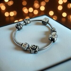 Vintage Pandora Charm Beaded Bracelet 925 Sterling Silver Bracelet w Charms